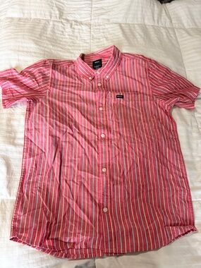 RVCA Pink and White Vertical Stripe Button-Up Shirt